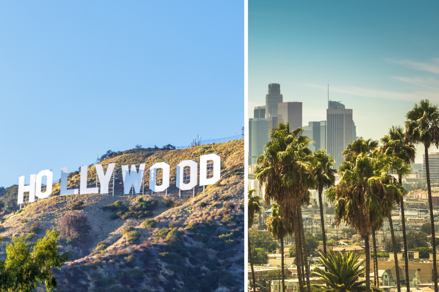 Kollage från Canva över Hollywood och Los Angeles.