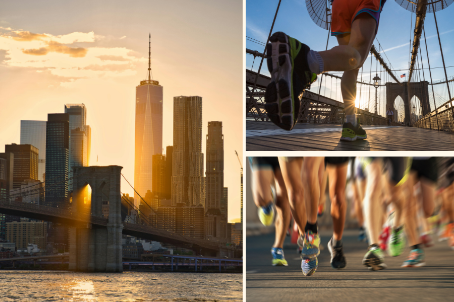 Kollage från Canva: stadsvy över New York och Manhattan i solsken och löpare på bro på Manhattan och närbild på löpare som springer New York Maraton.
