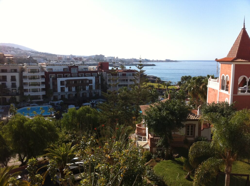Utsikt över stad, natur, palmträd, hus och hav på Teneriffa