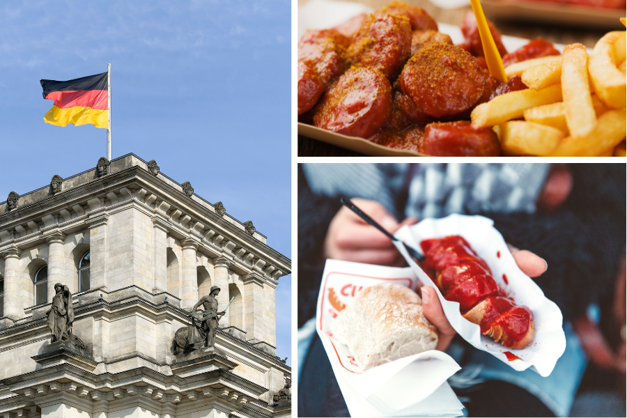 Kollage från Canva över currywurst i Berlin.