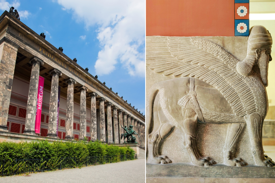 Collage från Canva: Altes Museum i Berlin och staty.
