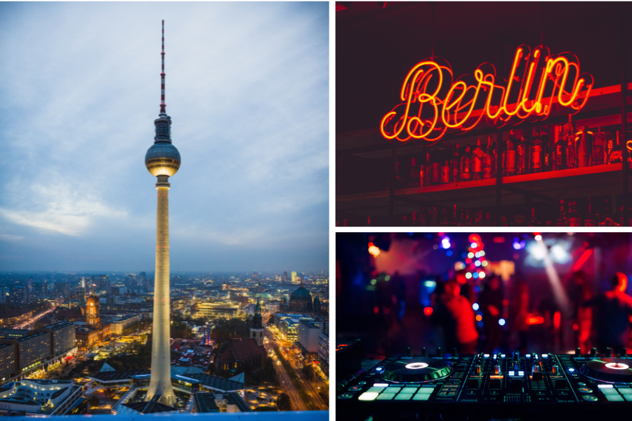 Foto från kollage från Canva över ett Berlin i kvällsljus, en upplyst Berlinskylt och en musikklubb.