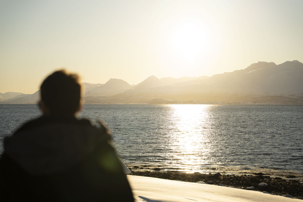 Person looking out over Lyngen in north Norway, on a sunny winters day