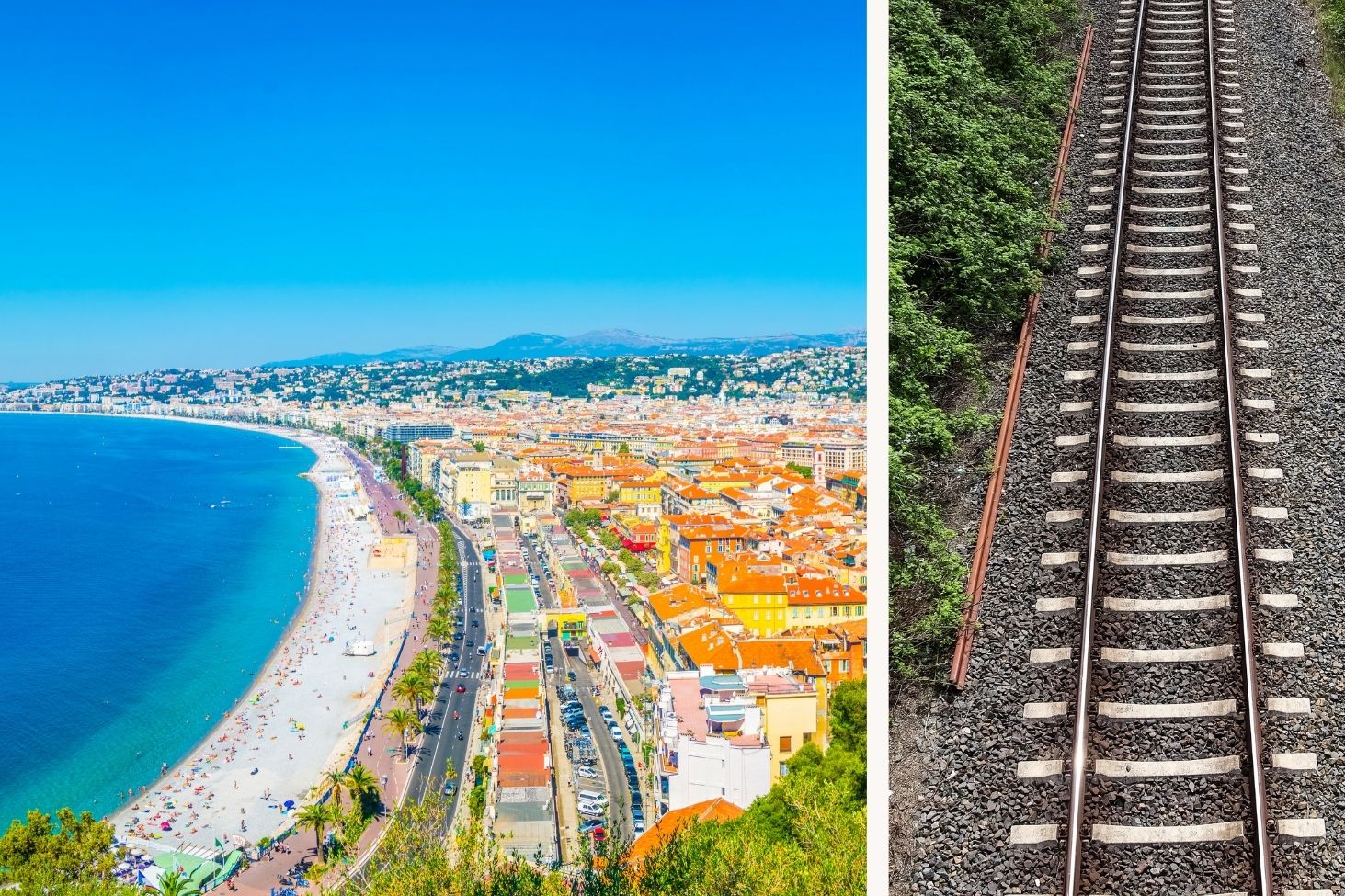 Kollage över strandpromenaden i Nice och tågräls