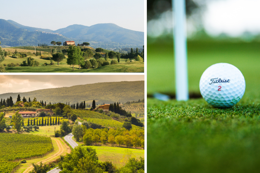 Kollage från Canva över golfboll, golfbana i Toscana