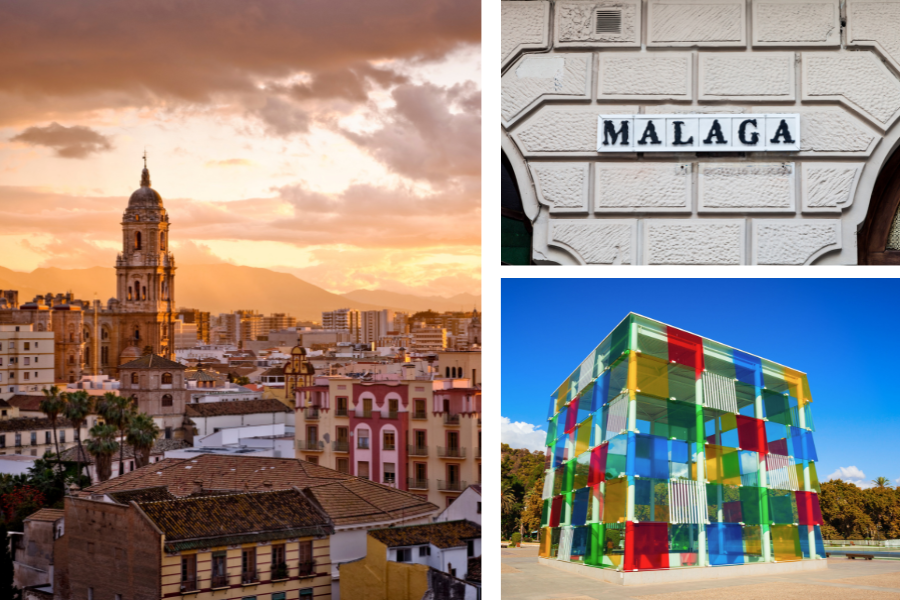 Stadsvy, sol i Andalusien, Centre Pompedo, skylt på Malaga