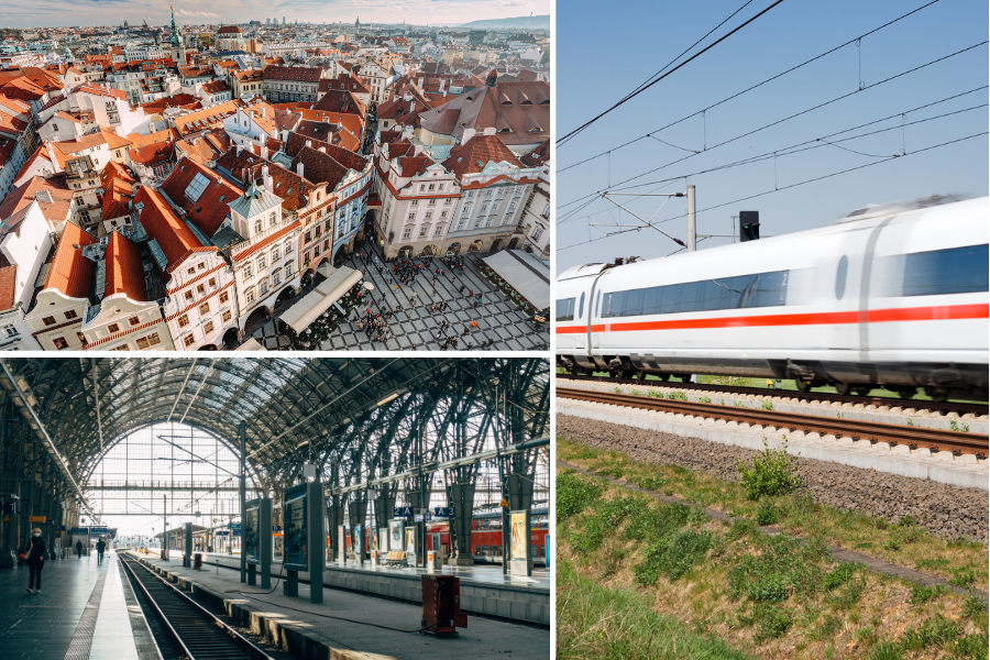 Kollage från Canva över tågresor till Prag