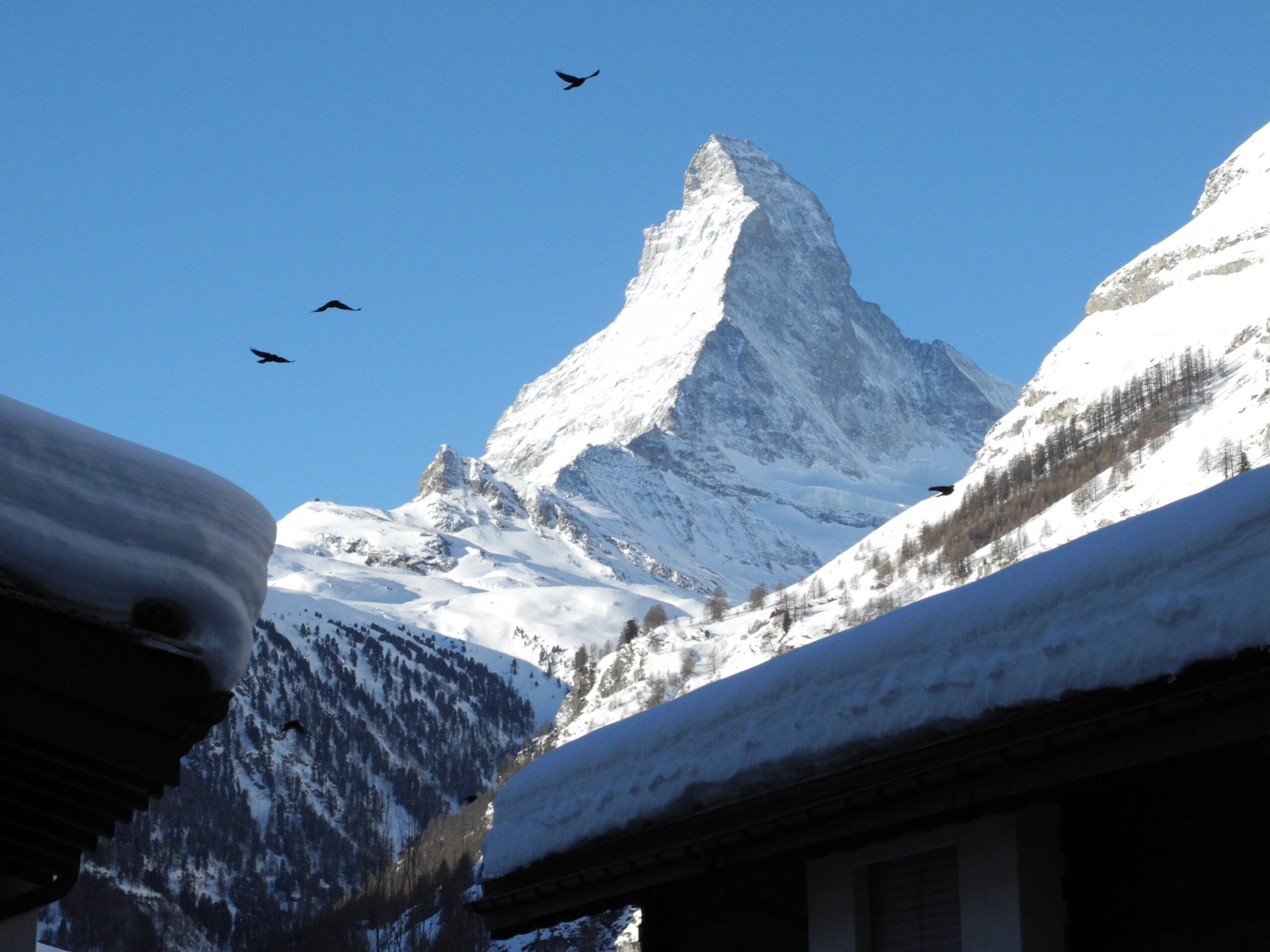 Snowy alpine valley with snow covered roofs and snow-capped mountains in the distance.